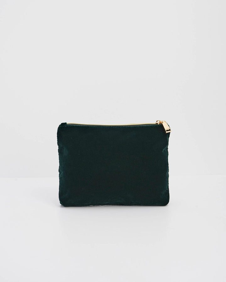 Meadow Scene Embroidered Medium Pouch in Forest Green Velvet