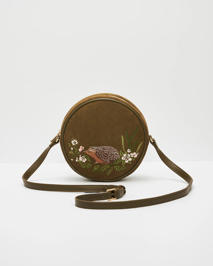 Chloe Hedgehog Embroidered Circle Bag in Khaki Suedette