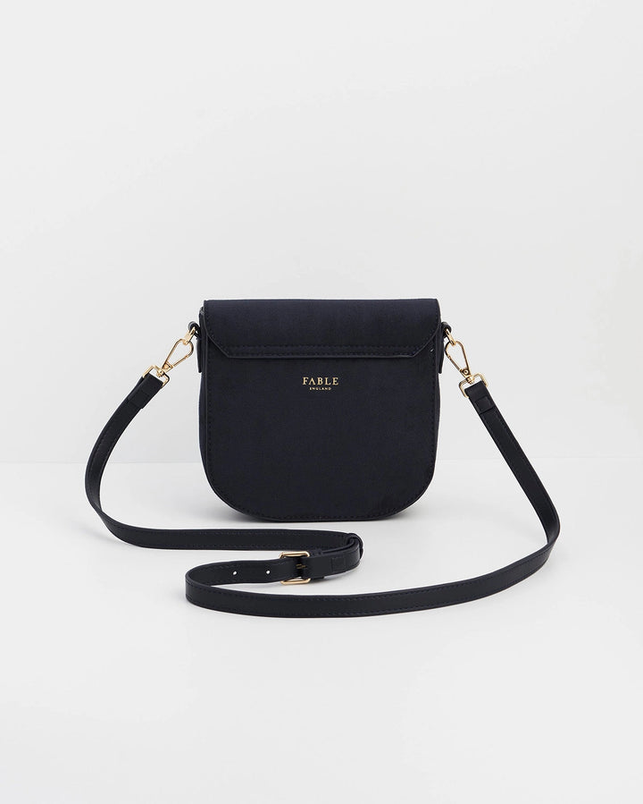 Beth Floral Applique Saddle Bag in Navy Suedette