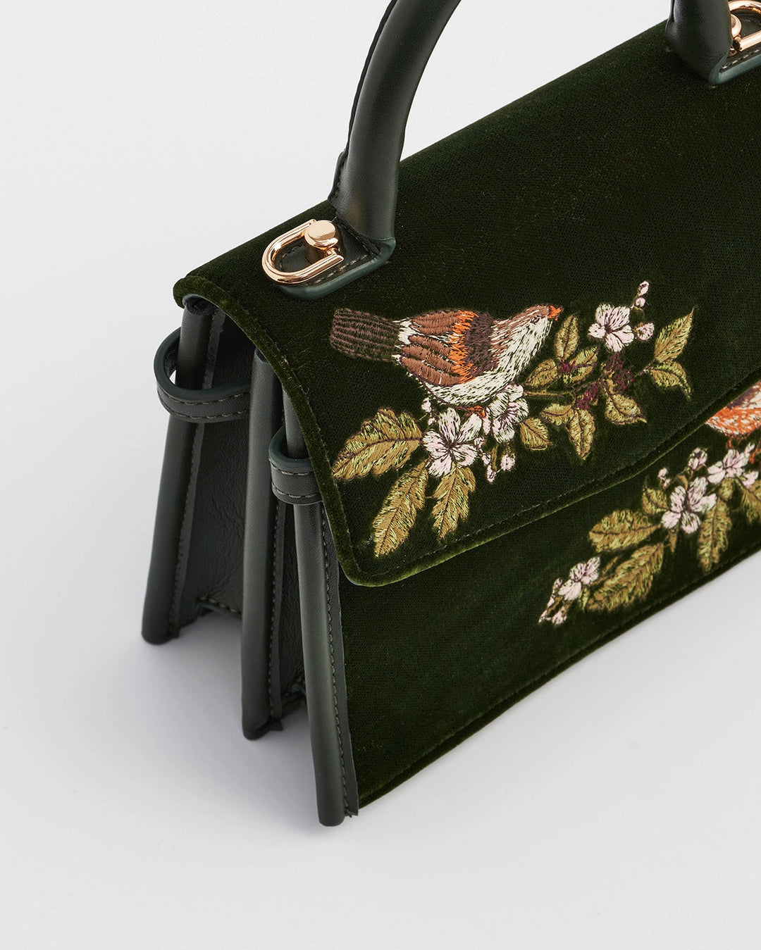 Eliza Wren Embroidered Top Handle Purse in Green Velvet