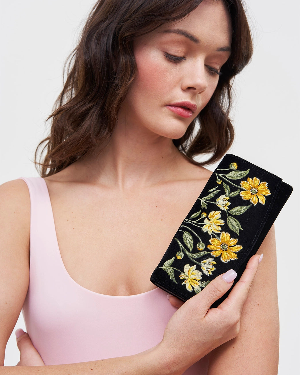 Fable Botanical Black Velvet Embroidered Purse