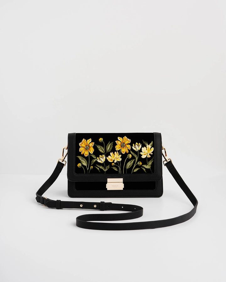 Fable Botanical Black Velvet Embroidered Foldover Bag