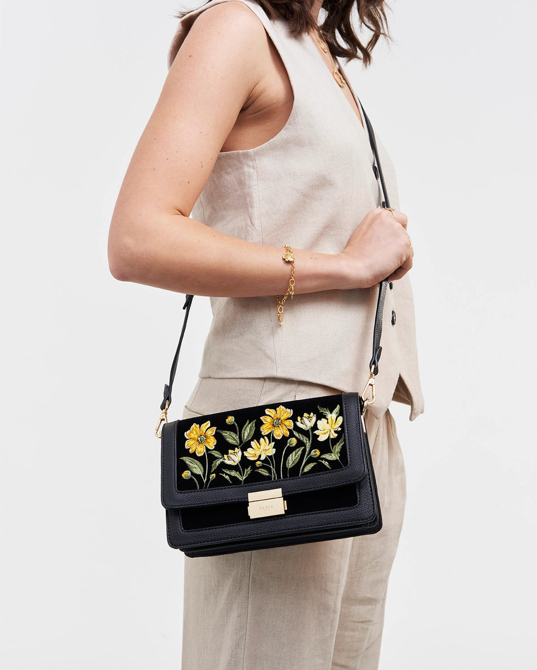 Fable Botanical Black Velvet Embroidered Foldover Bag