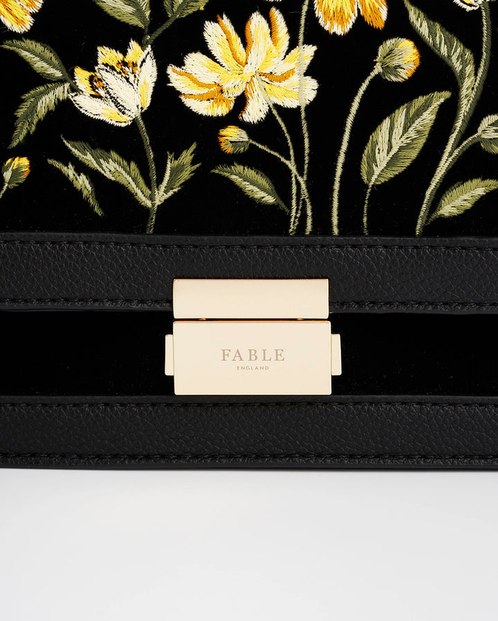 Fable Botanical Black Velvet Embroidered Foldover Bag