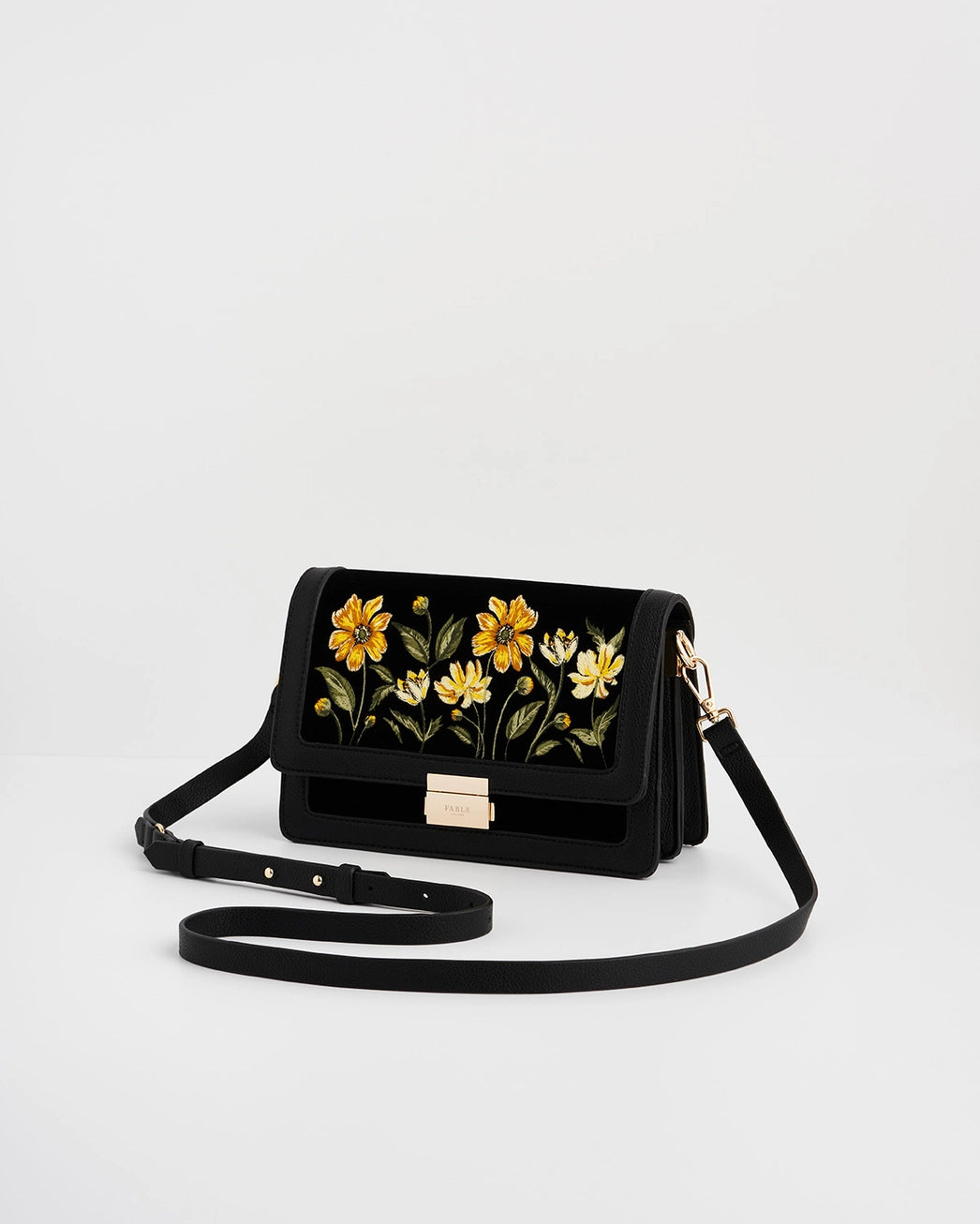 Fable Botanical Black Velvet Embroidered Foldover Bag