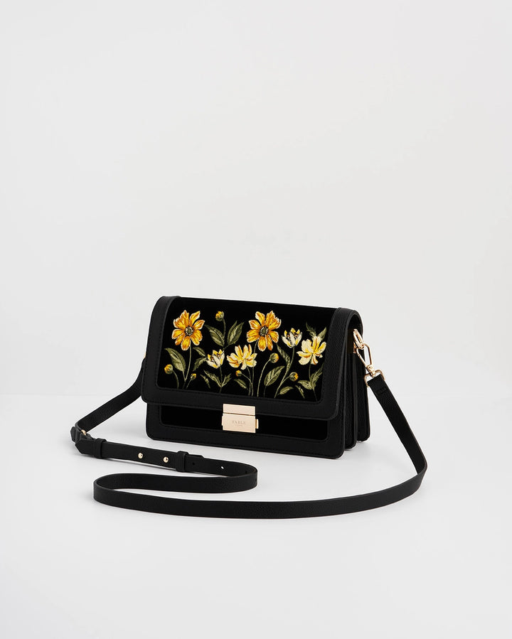 Fable Botanical Black Velvet Embroidered Foldover Bag