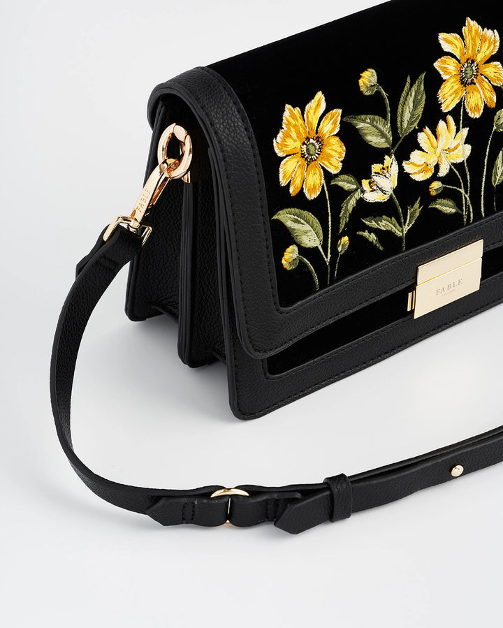 Fable Botanical Black Velvet Embroidered Foldover Bag