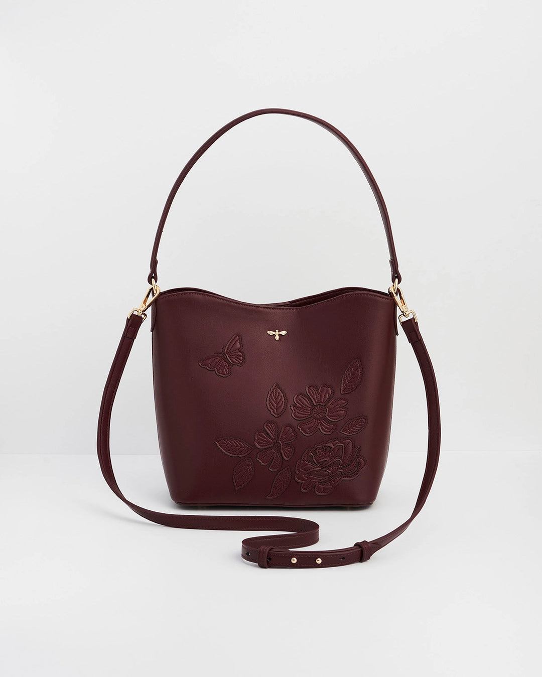 Floral Applique Margot Bucket Purse in Burgundy