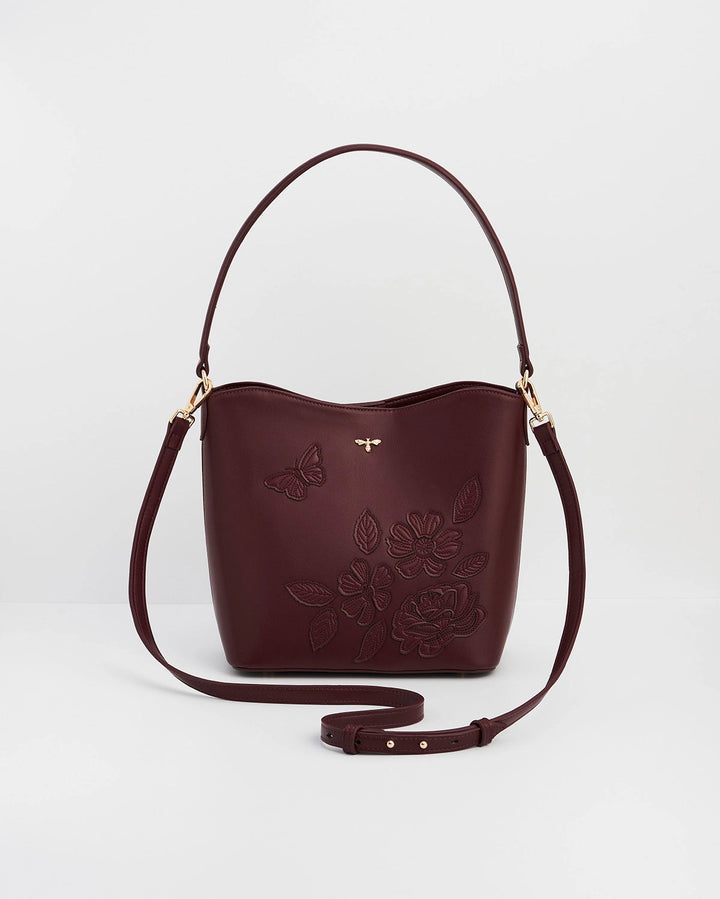 Floral Applique Margot Bucket Purse in Burgundy