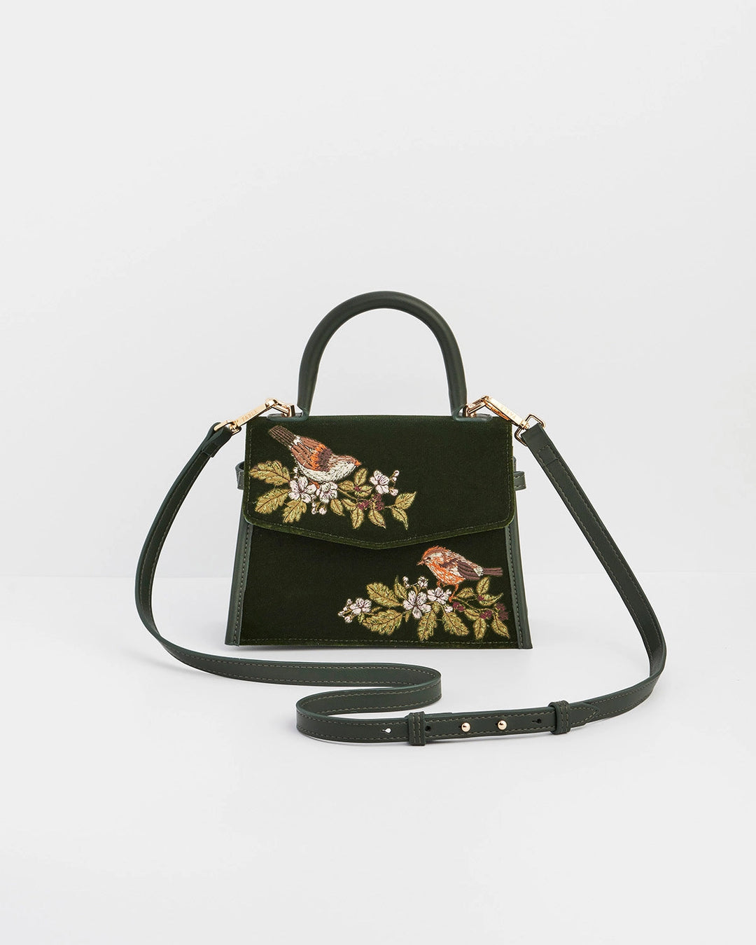 Eliza Wren Embroidered Top Handle Purse in Green Velvet