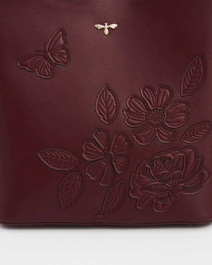 Floral Applique Margot Bucket Purse in Burgundy