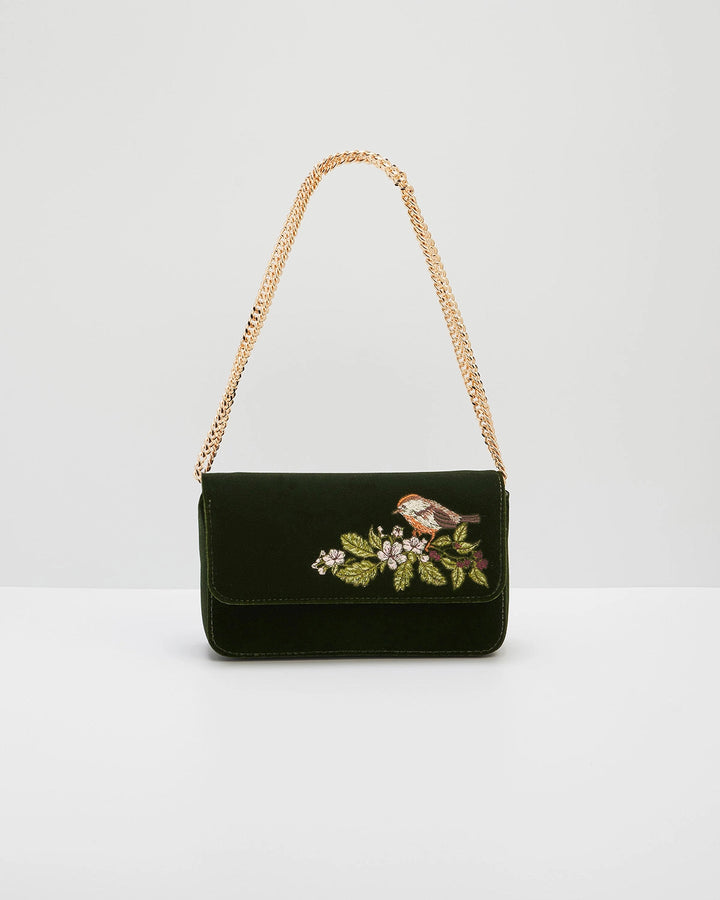 Sophia Wren Embroidered Clutch in Green Velvet