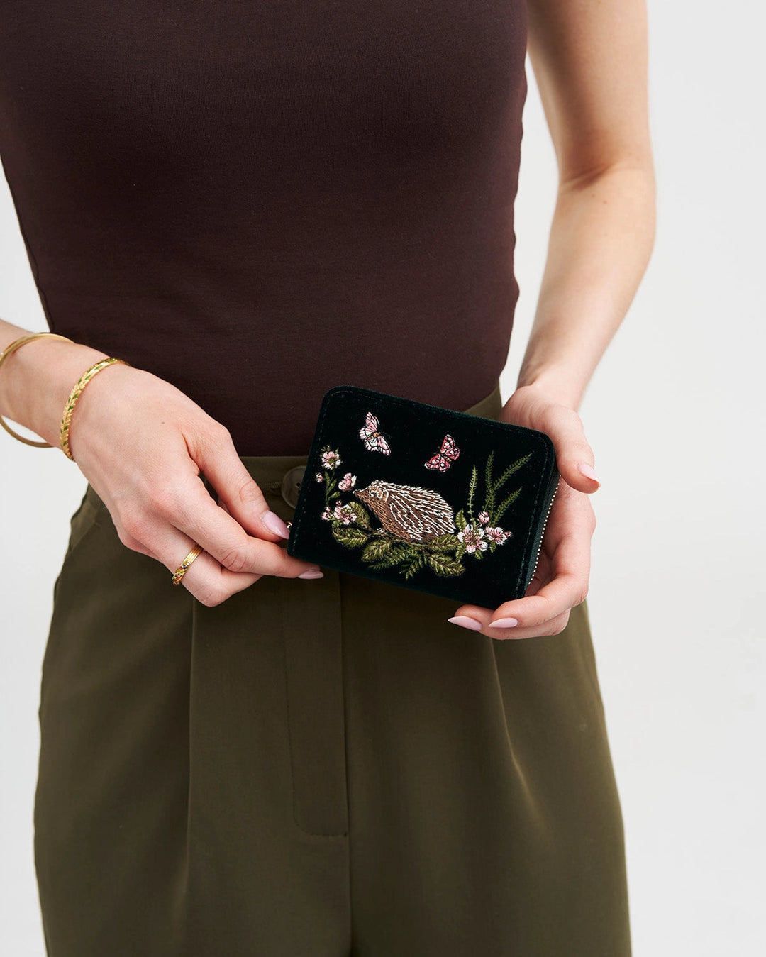 Hedgehog Embroidered Small Wallet in Forest Green Velvet