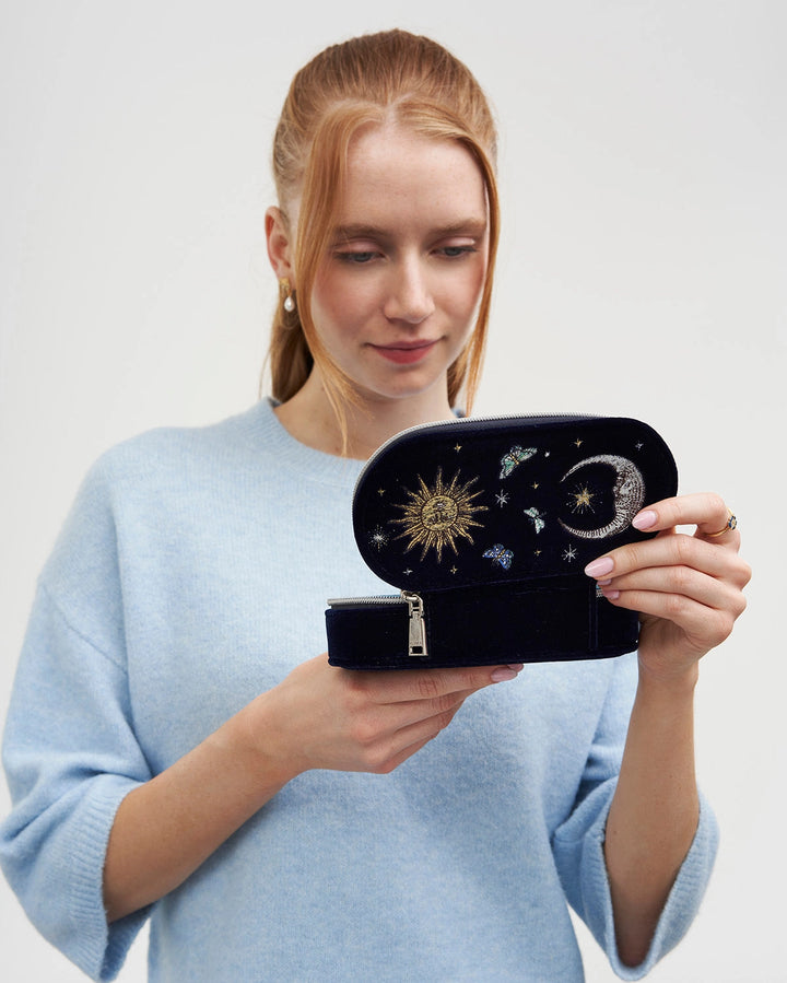 Night Sky Embroidered Oval Jewelry Box in Navy Velvet