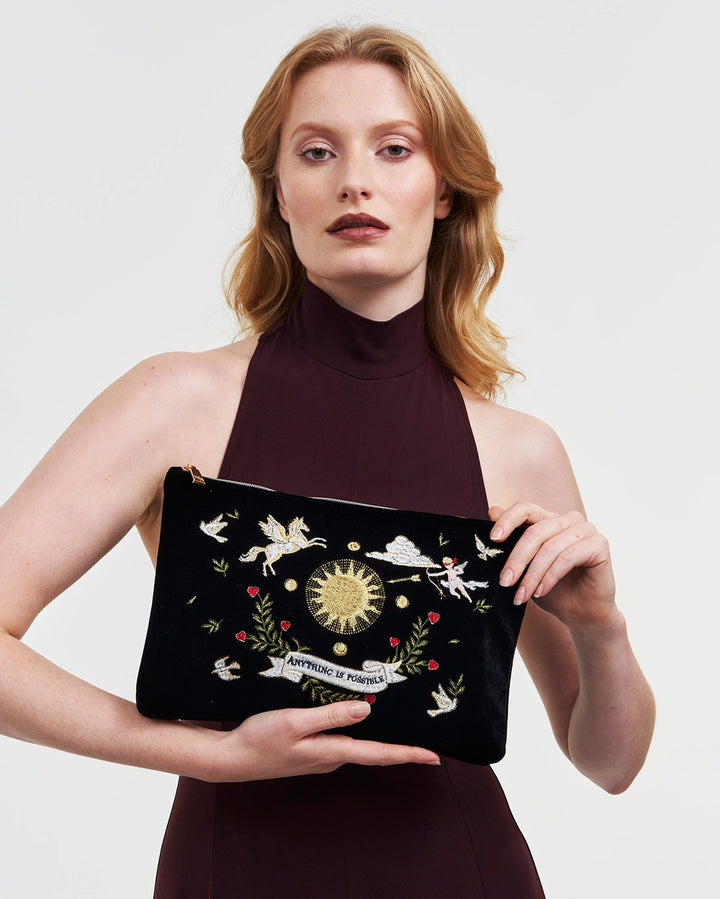 Fable Black Celestial Velvet Embroidered Pouch