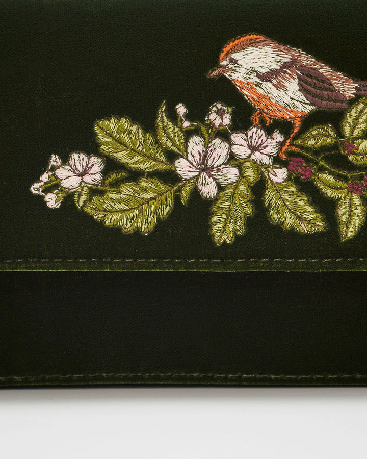 Sophia Wren Embroidered Clutch in Green Velvet
