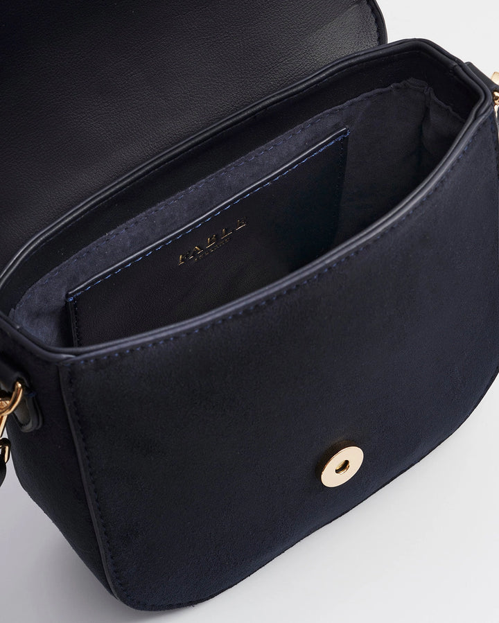 Beth Floral Applique Saddle Bag in Navy Suedette