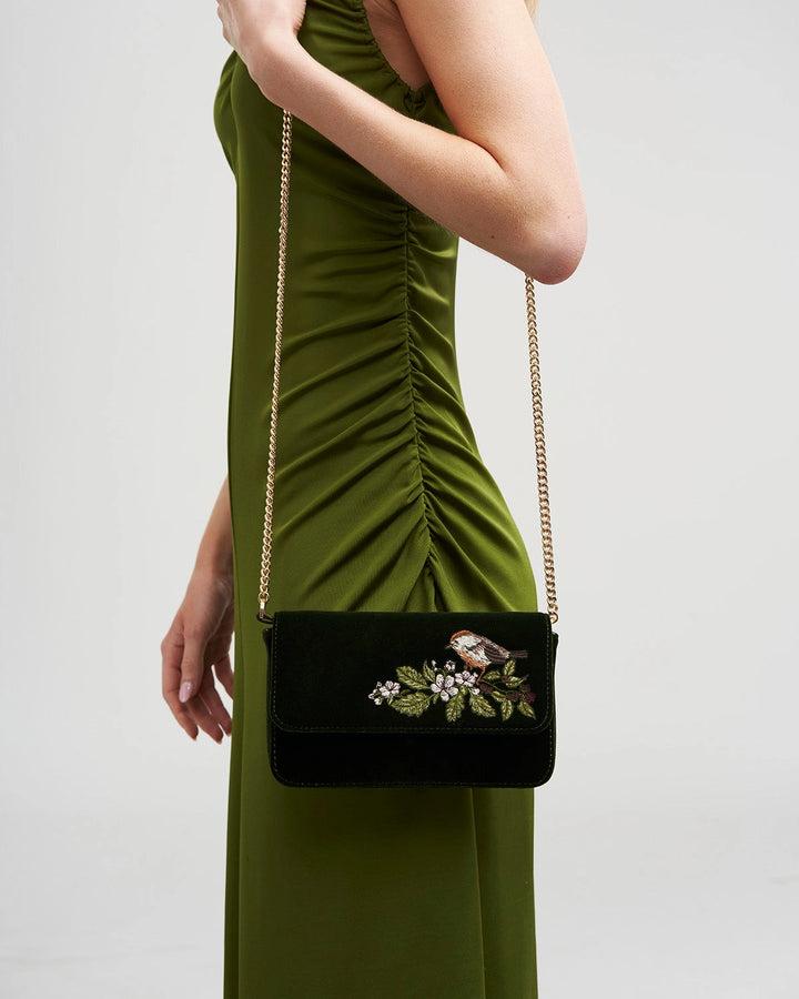 Sophia Wren Embroidered Clutch in Green Velvet