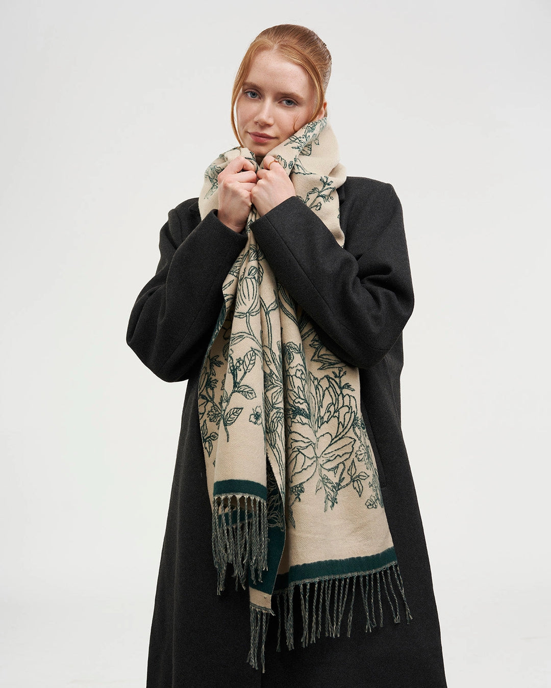 Midnight Garden Long Jacquard Scarf in Green
