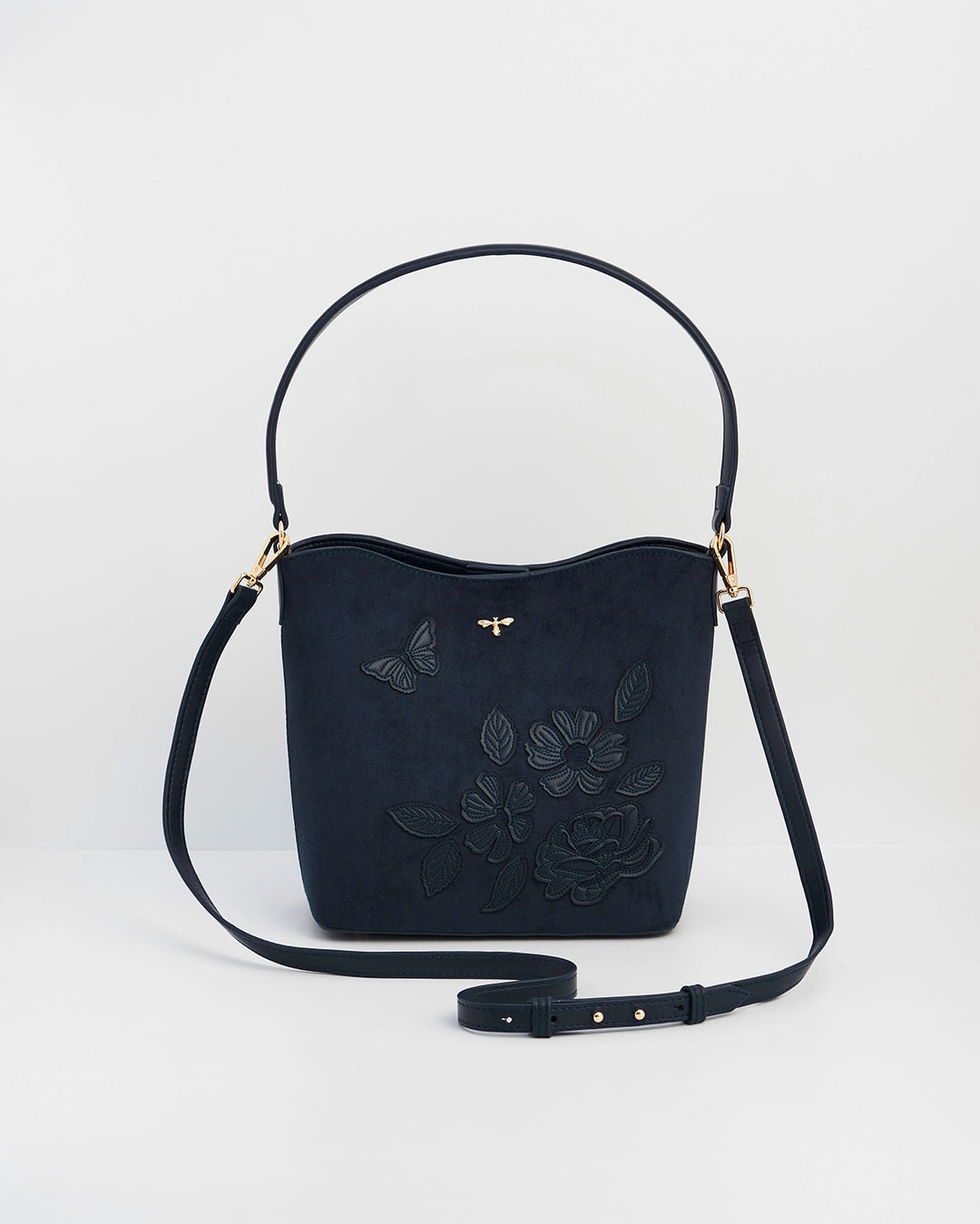Margot Floral Applique Bucket Purse in Navy Suede