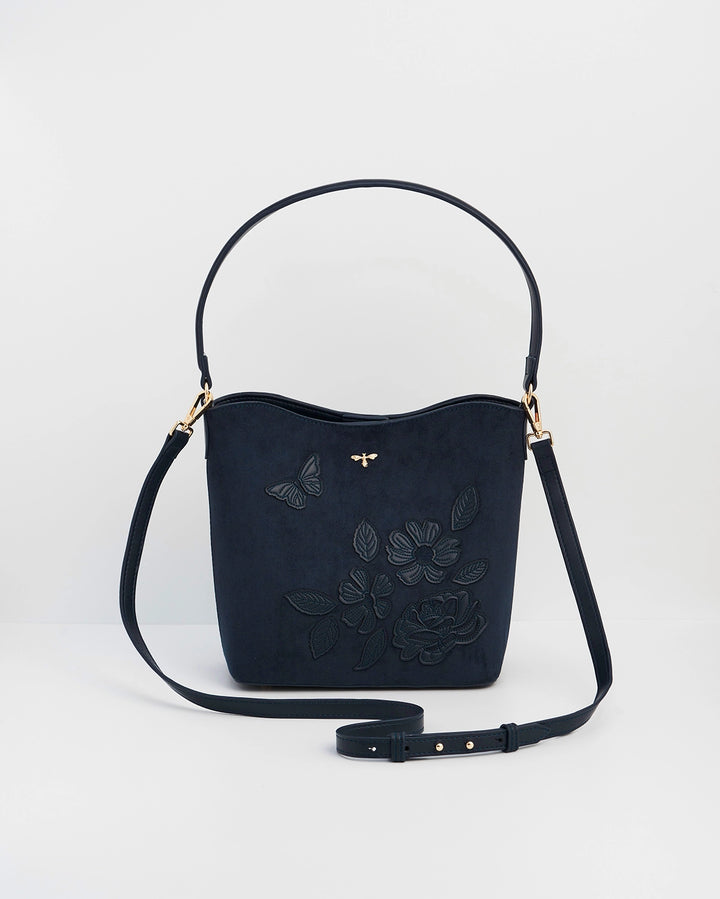 Margot Floral Applique Bucket Purse in Navy Suede