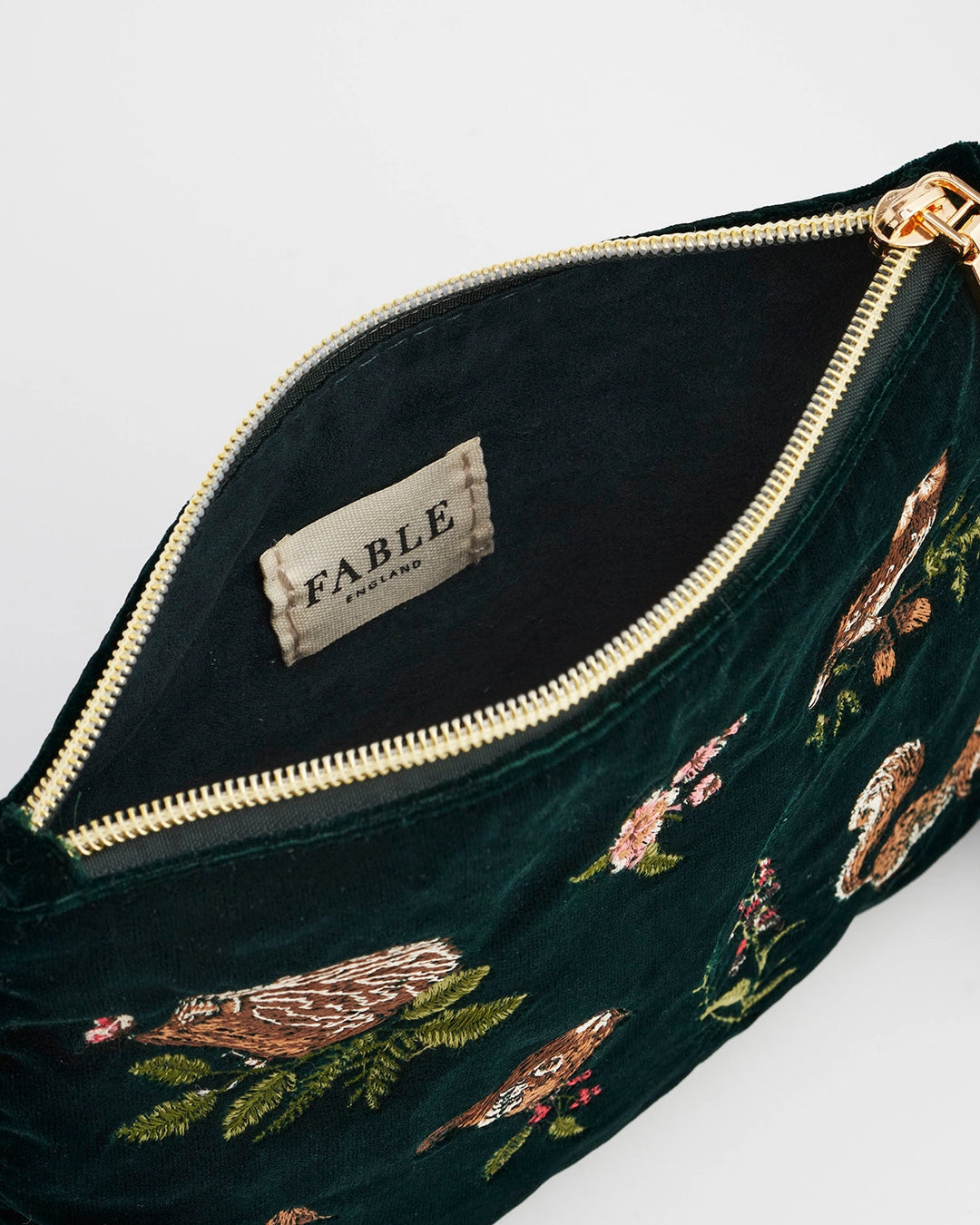 Meadow Scene Embroidered Medium Pouch in Forest Green Velvet