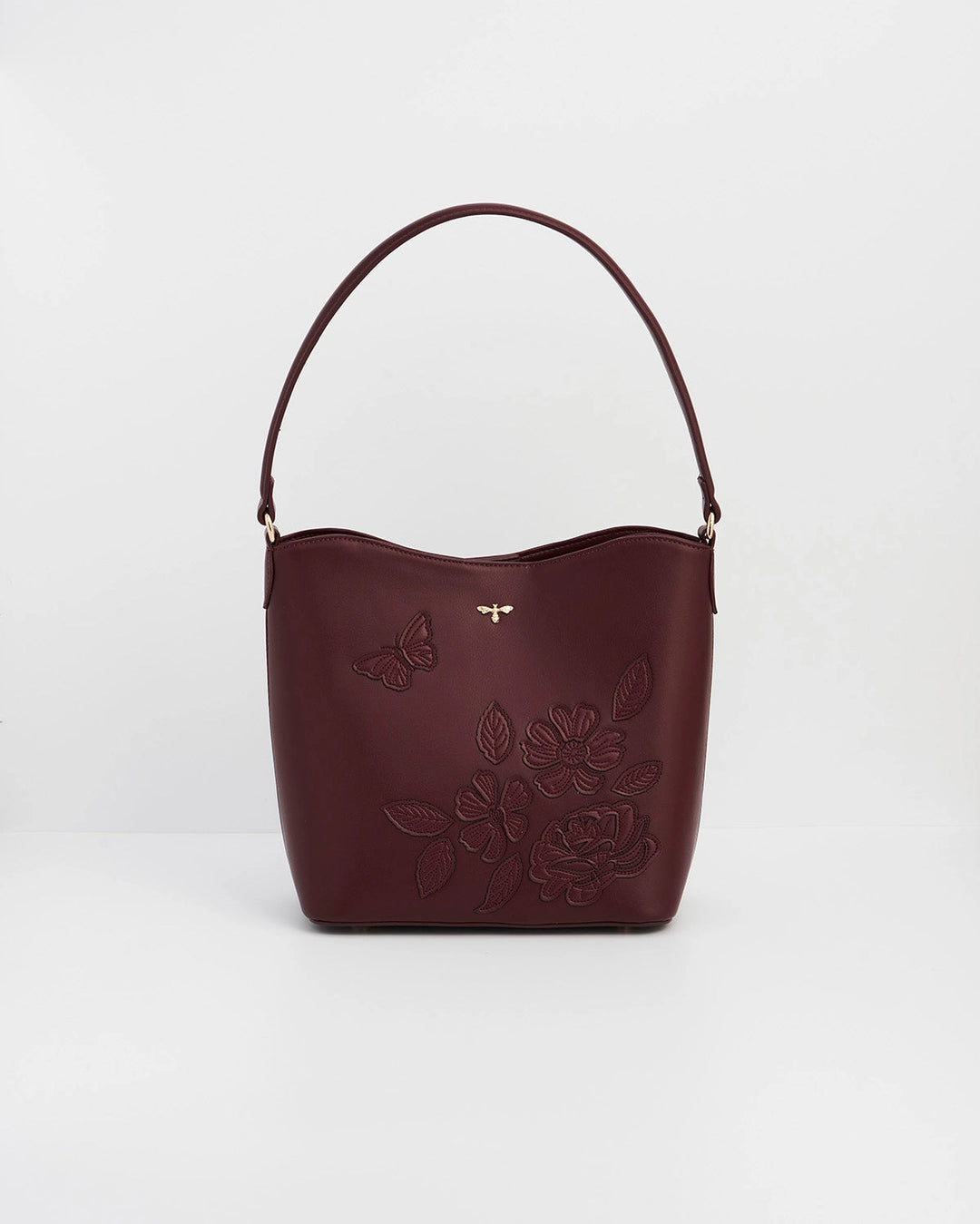Floral Applique Margot Bucket Purse in Burgundy