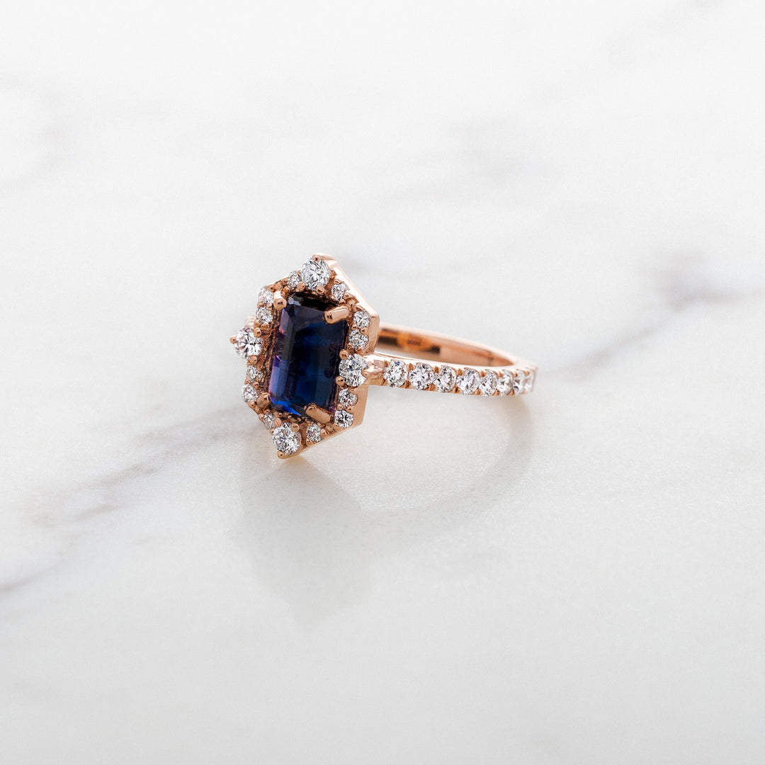 Midnight Bicolor Sapphire in Hexagonal Halo