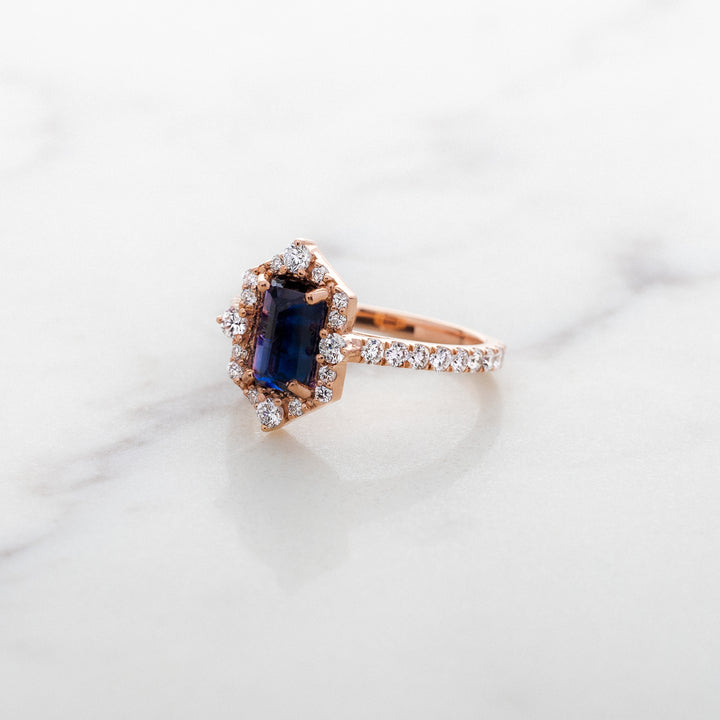 Midnight Bicolor Sapphire in Hexagonal Halo