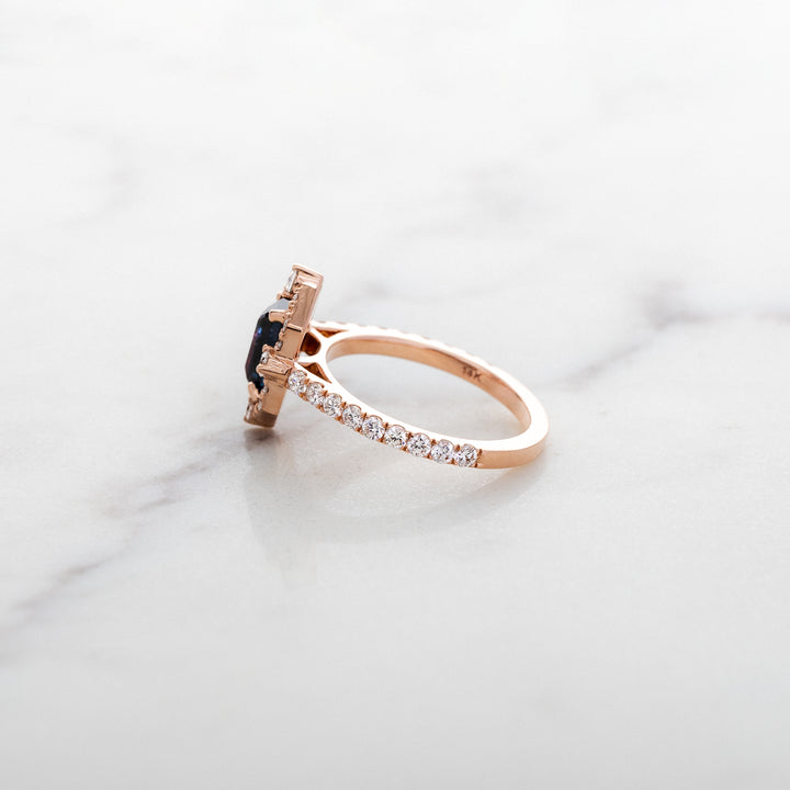 Midnight Bicolor Sapphire in Hexagonal Halo