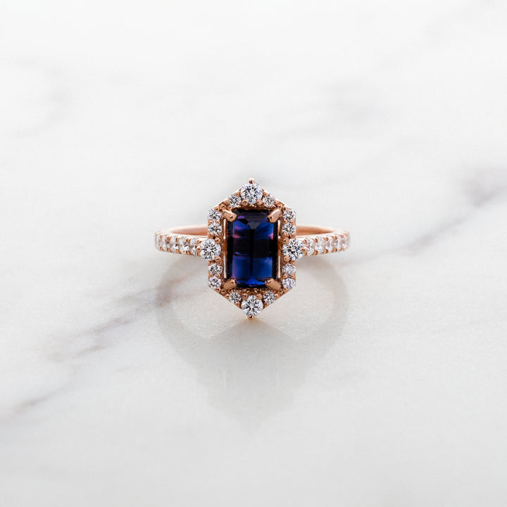 Midnight Bicolor Sapphire in Hexagonal Halo