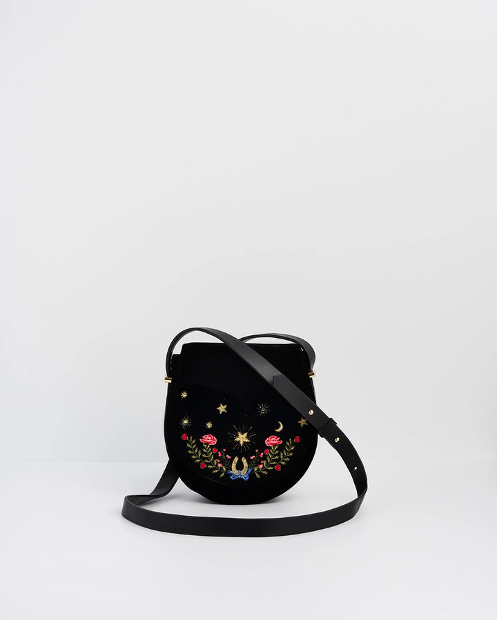 Fable Dove &  Floral Star Velvet Embroidered Saddle Bag