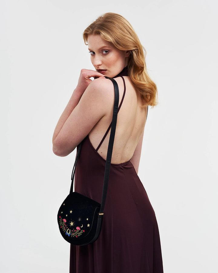 Fable Dove &  Floral Star Velvet Embroidered Saddle Bag