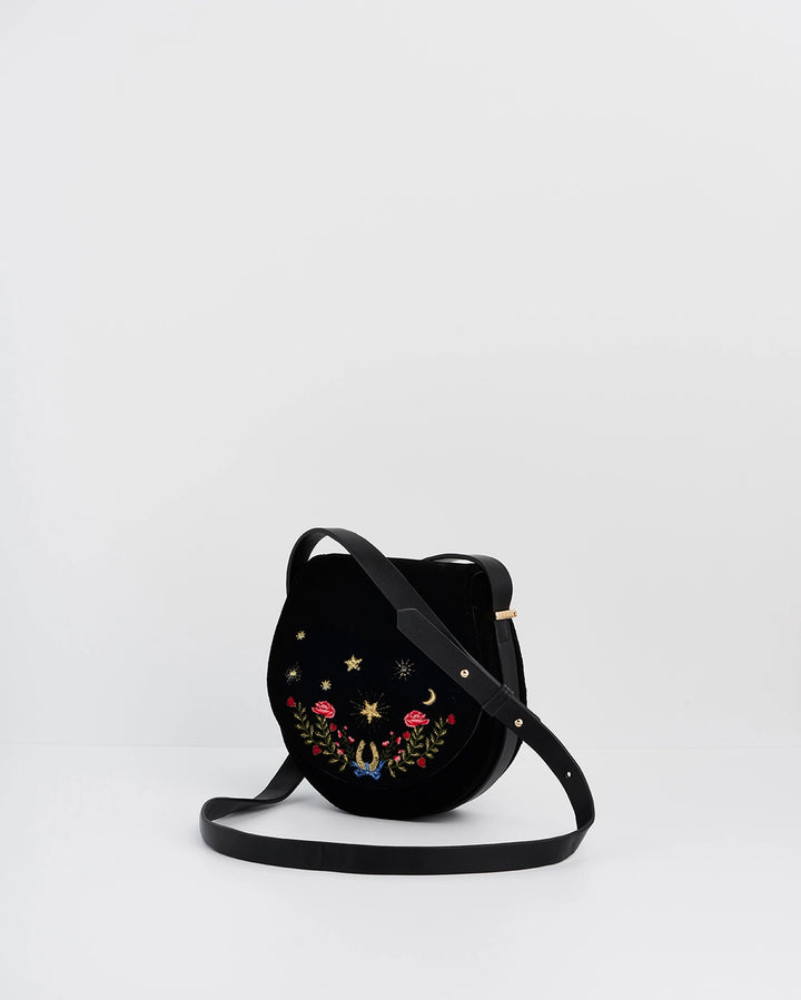 Fable Dove &  Floral Star Velvet Embroidered Saddle Bag