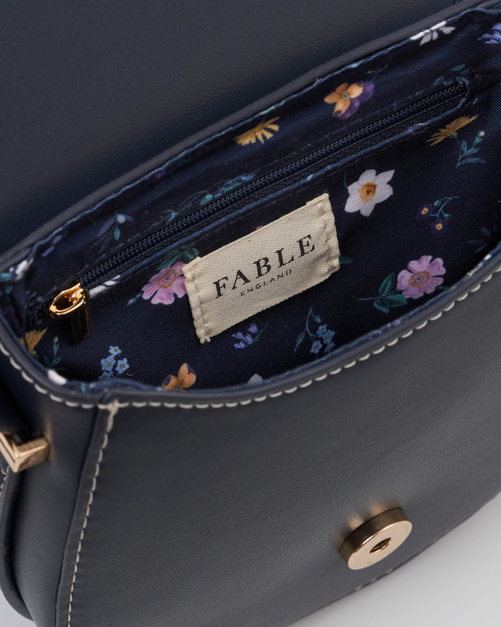 Fable Swooping Swallows Navy Mini Saddle Purse