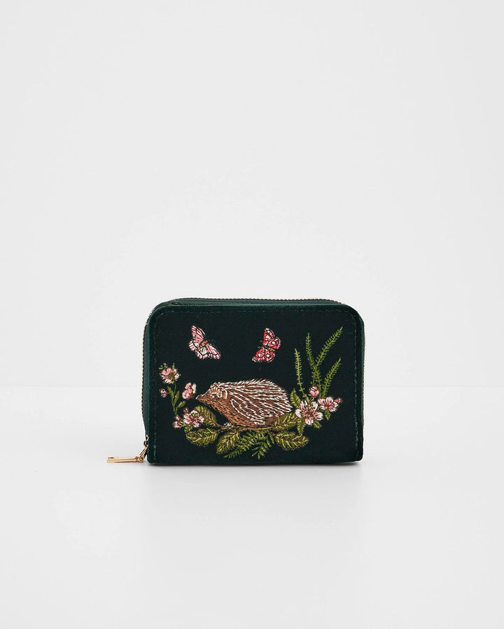 Hedgehog Embroidered Small Wallet in Forest Green Velvet