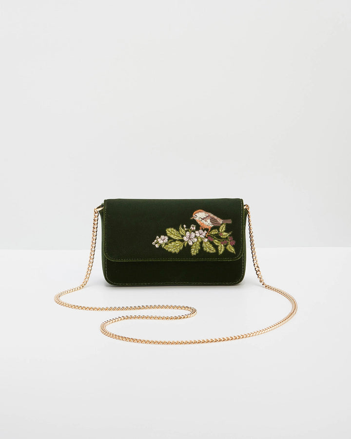 Sophia Wren Embroidered Clutch in Green Velvet