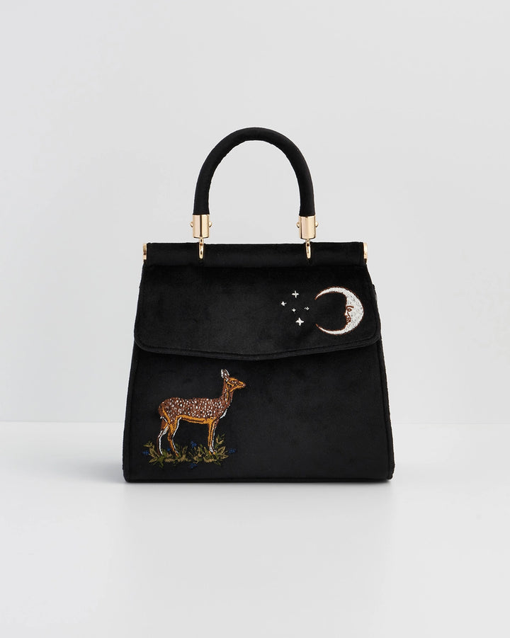 Fable Deer & Moon Embroidered Black Velvet Tote