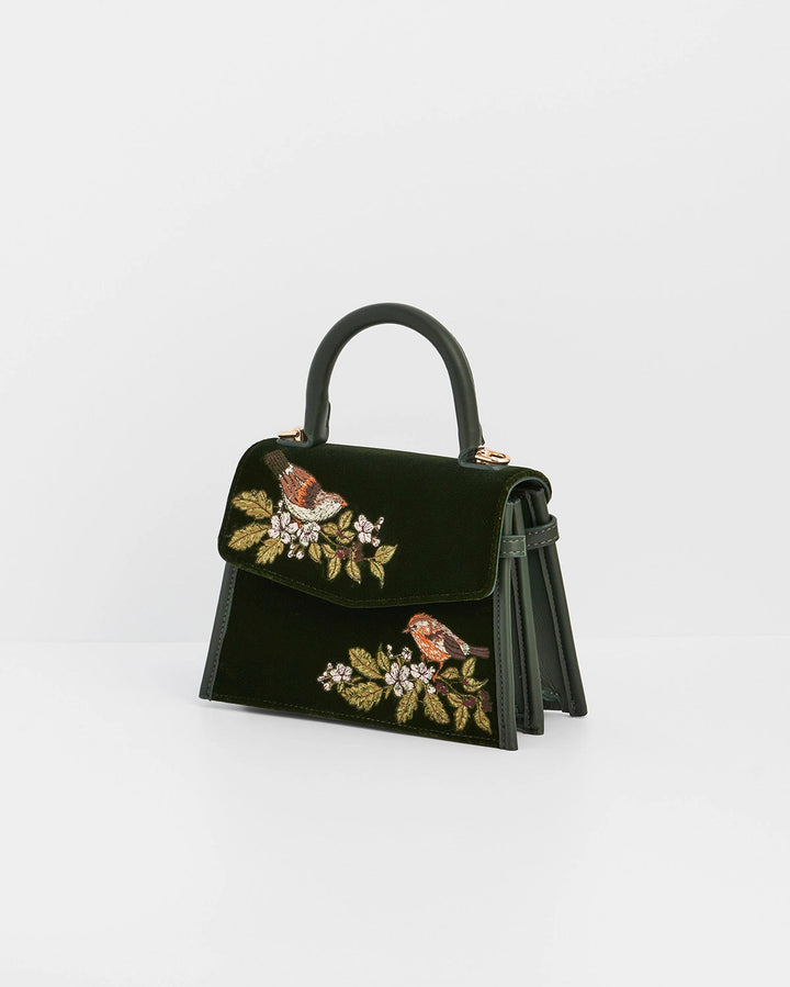 Eliza Wren Embroidered Top Handle Purse in Green Velvet