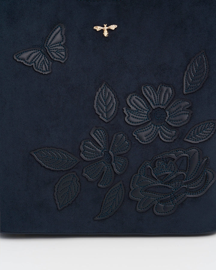 Margot Floral Applique Bucket Purse in Navy Suede