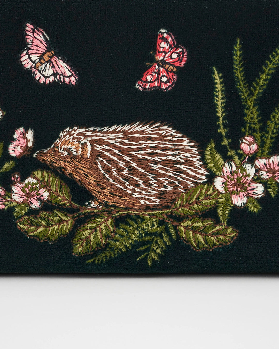 Hedgehog Embroidered Small Wallet in Forest Green Velvet