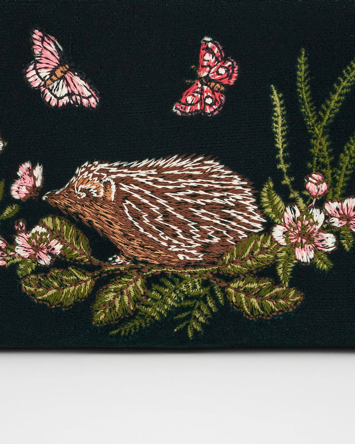 Hedgehog Embroidered Small Wallet in Forest Green Velvet