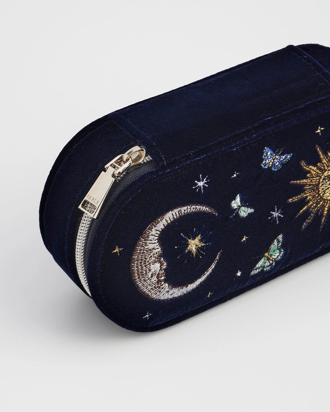 Night Sky Embroidered Oval Jewelry Box in Navy Velvet