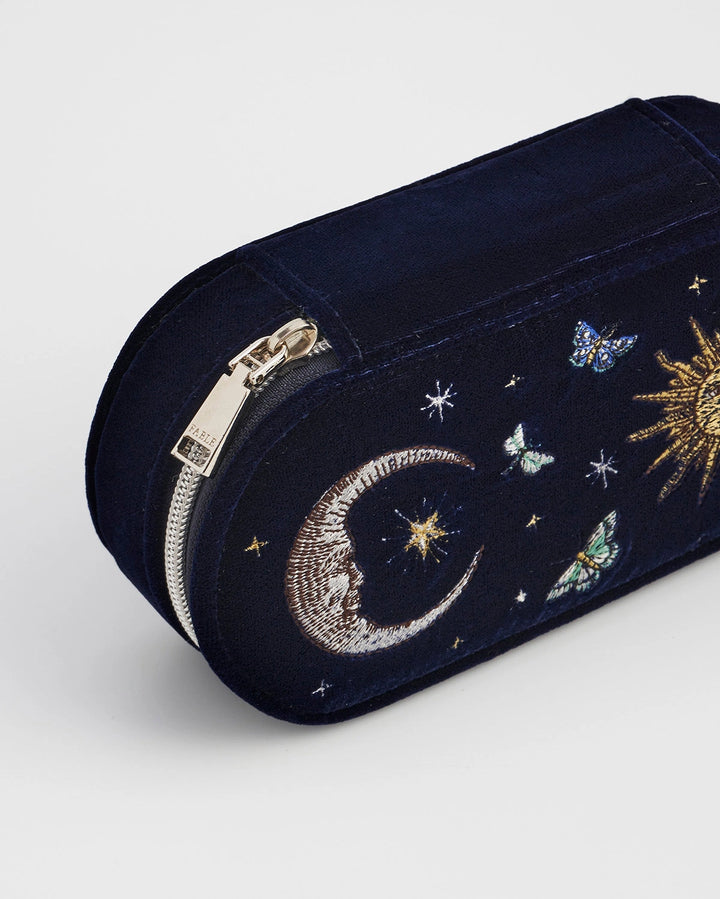 Night Sky Embroidered Oval Jewelry Box in Navy Velvet
