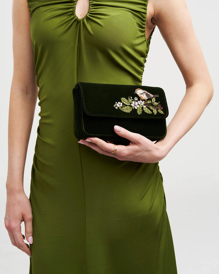 Sophia Wren Embroidered Clutch in Green Velvet