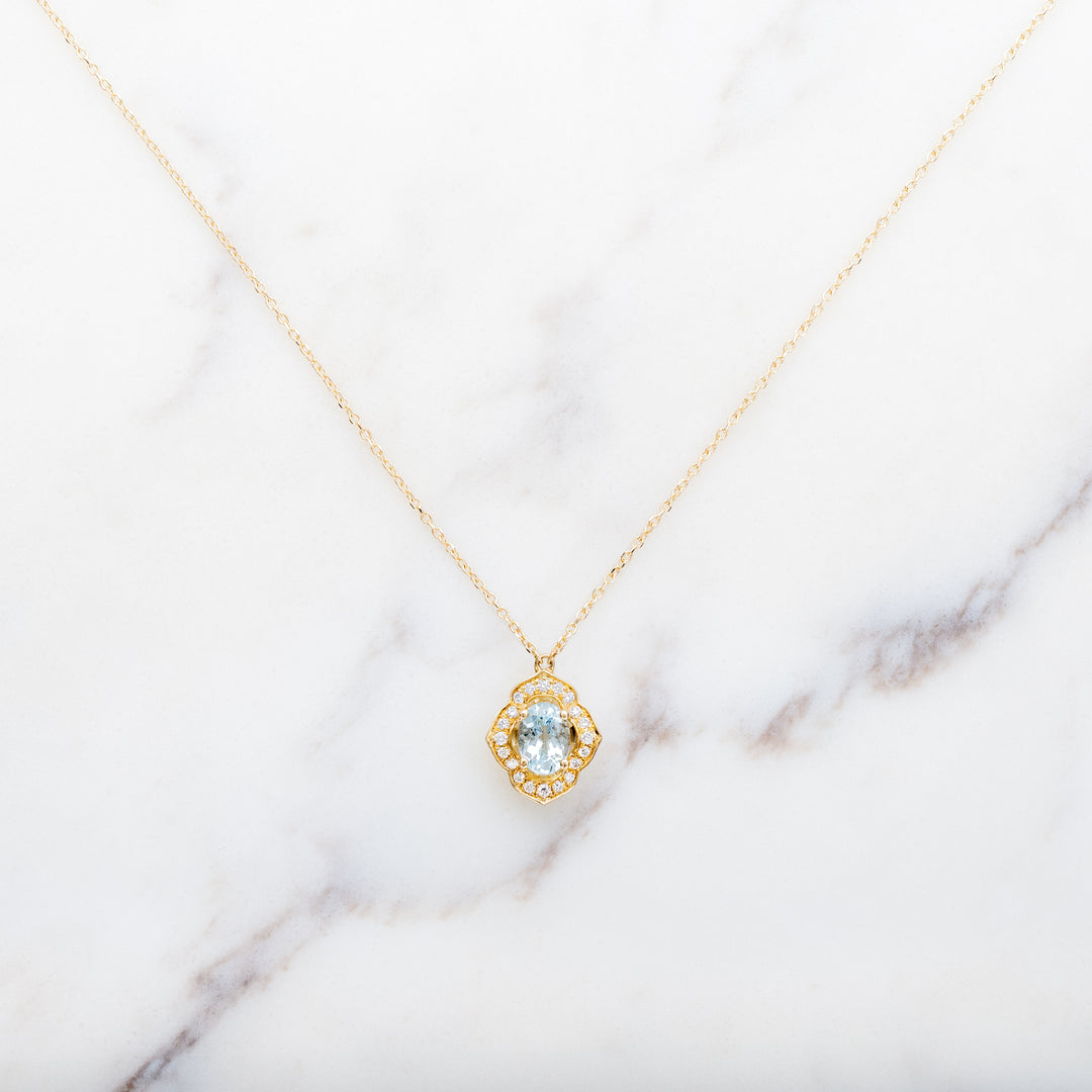 Oval Aquamarine in Floral Halo Necklace