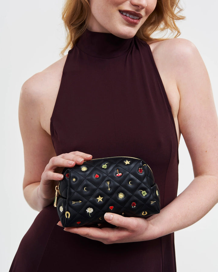 Fable Black Quilted Motif Embroidered Pouch