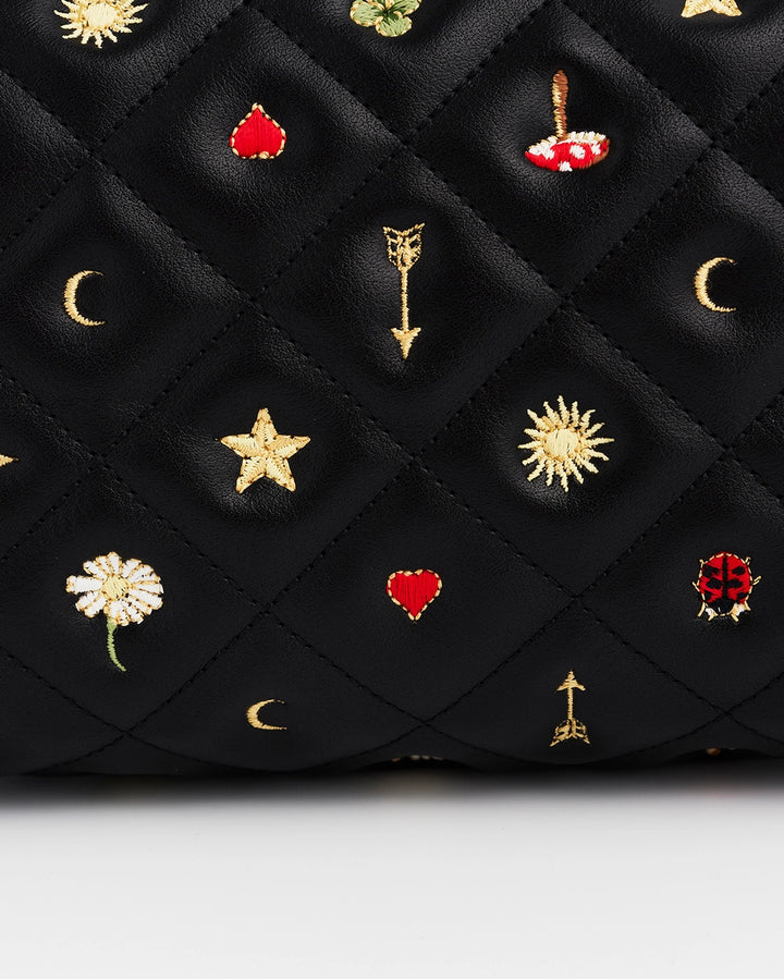 Fable Black Quilted Motif Embroidered Pouch