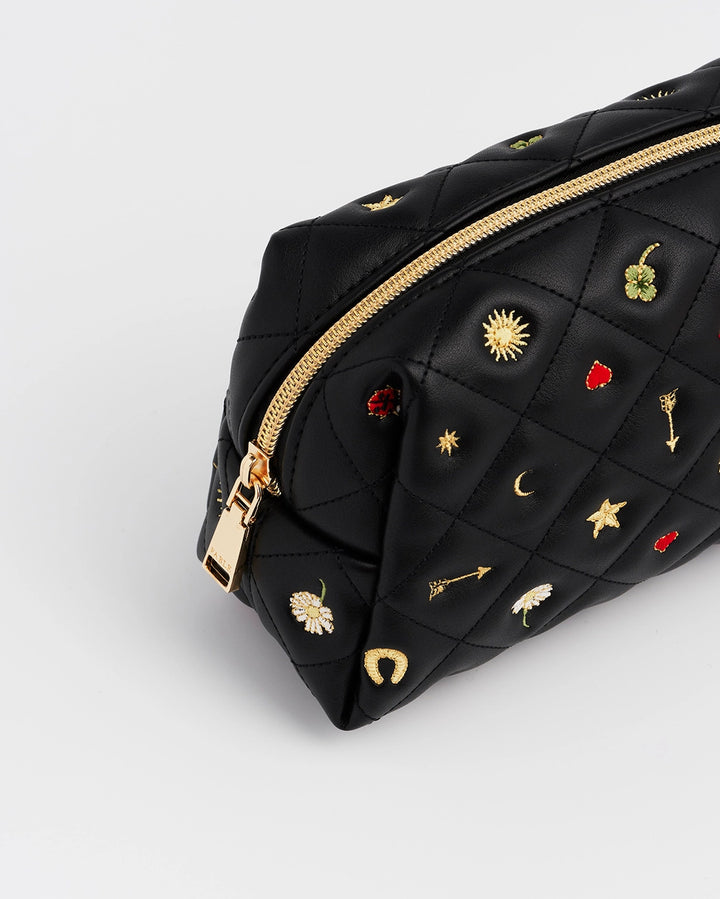 Fable Black Quilted Motif Embroidered Pouch