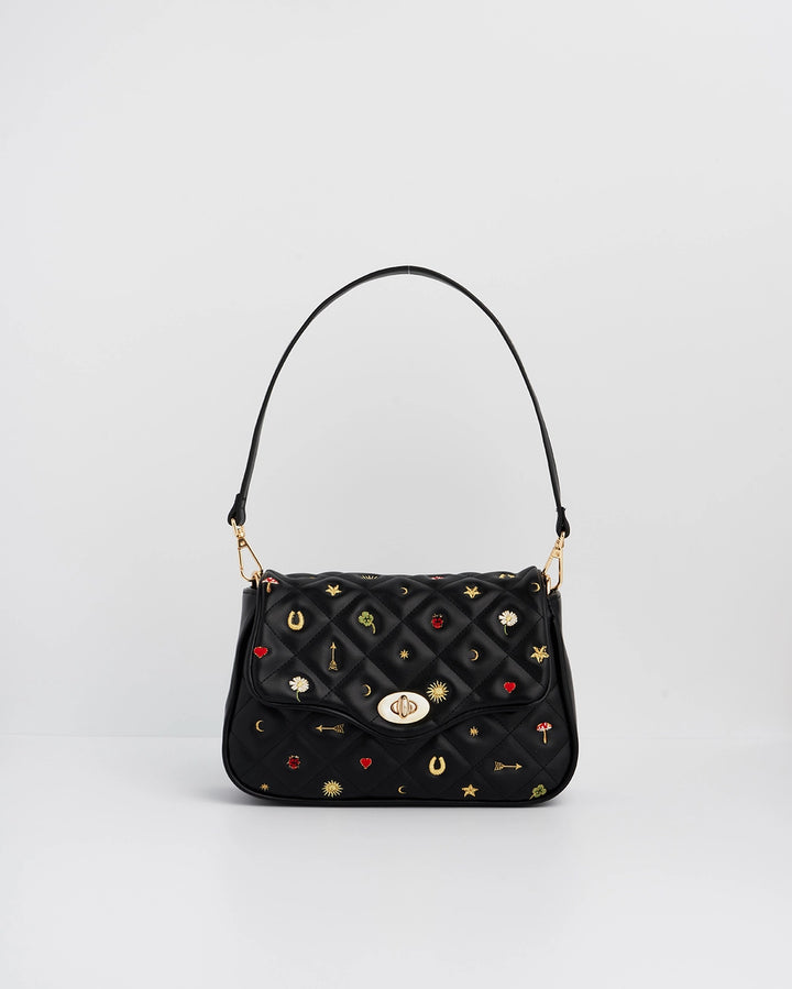 Fable Black Quilted Motif Embroidered Crossbody Bag